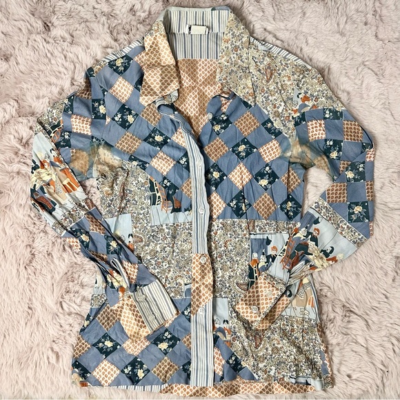 None Tops - Vintage Patterned Eclectic Get Together/Family Dinner Button Up Collared Blouse